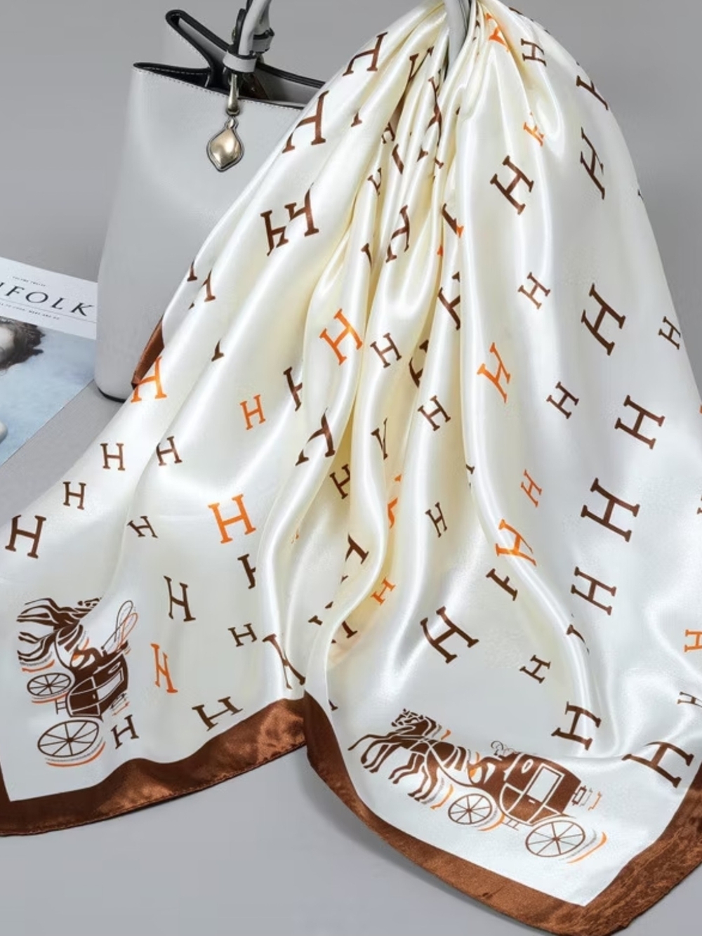 Cream and Brown Satin Shawl with 'H' Motif